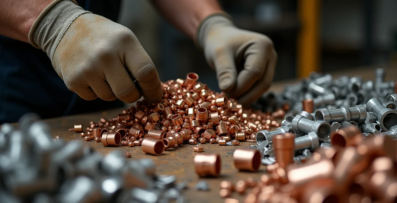 Sortierte Metallreste aus Hausabriss bereit für den Verkauf