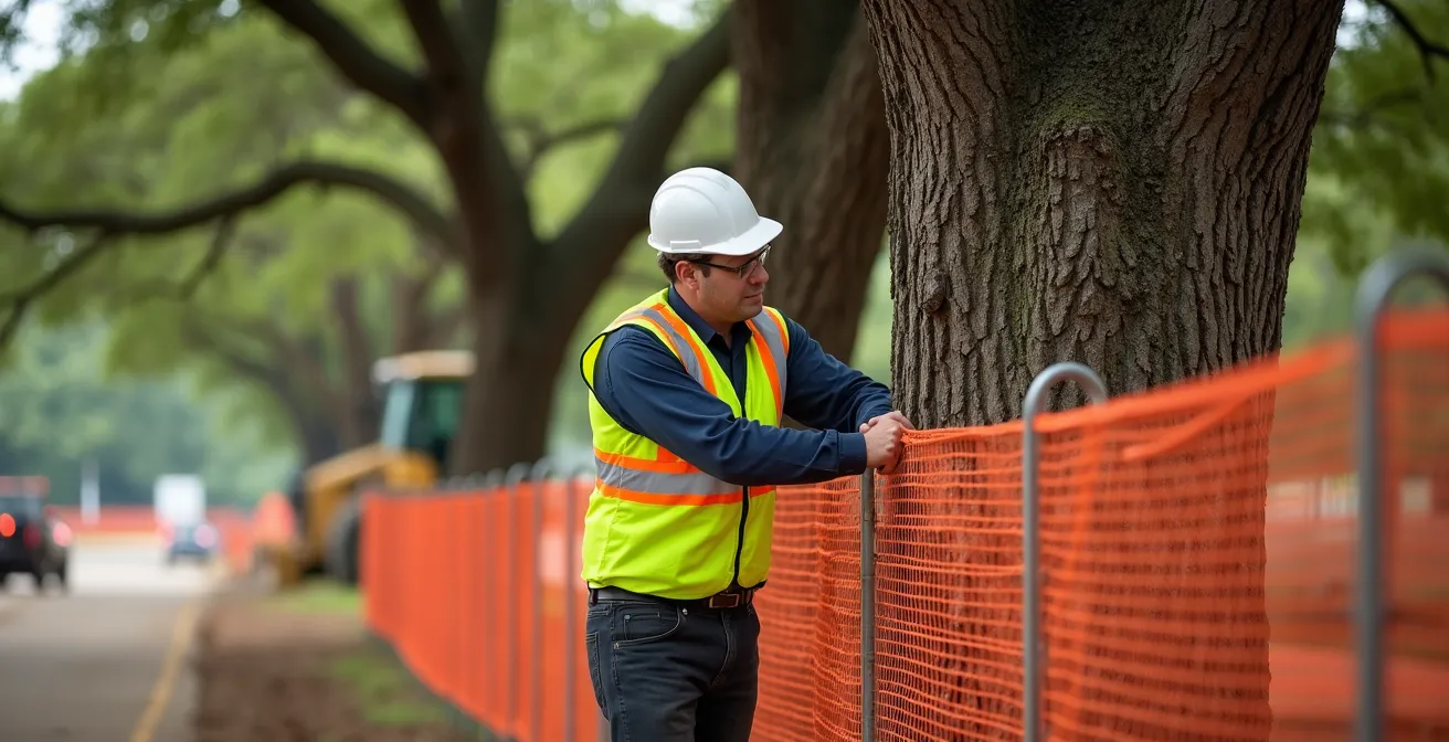 Professioneller Baumschutz mit Zaun auf einer Baustelle nach DIN-Vorgaben