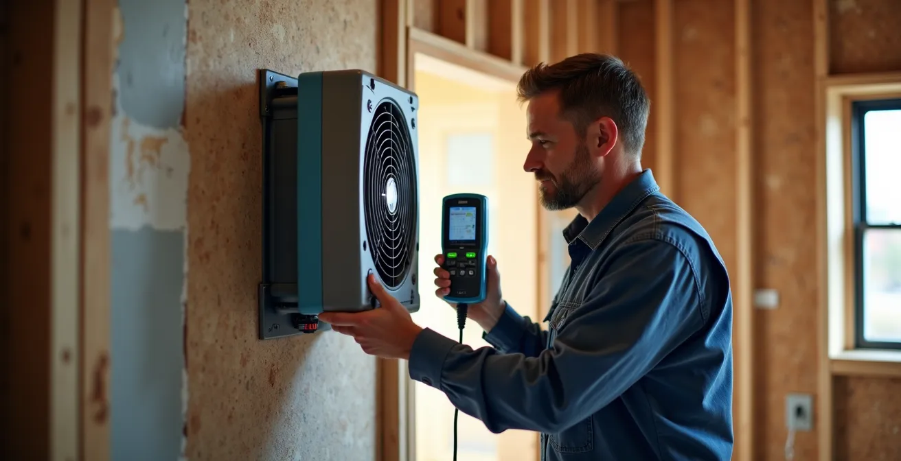 Blower-Door-Test während der Bauphase vor der Beplankung