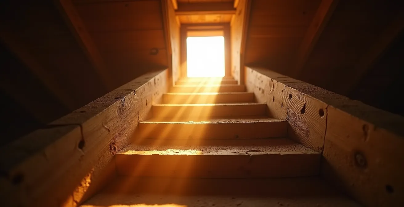 Querschnitt einer ungedämmten Bodentreppe zeigt aufsteigende Warmluft