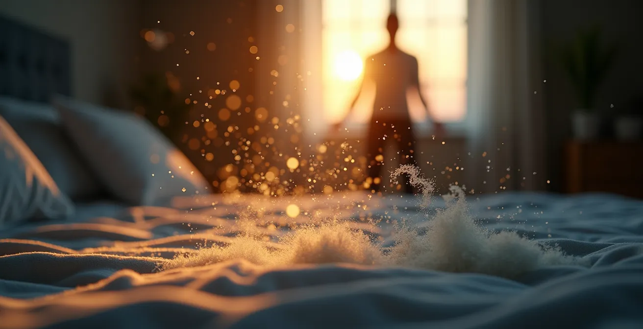Makroaufnahme von Luftpartikeln im Schlafzimmer, die die Ansammlung von CO2 über Nacht visualisiert