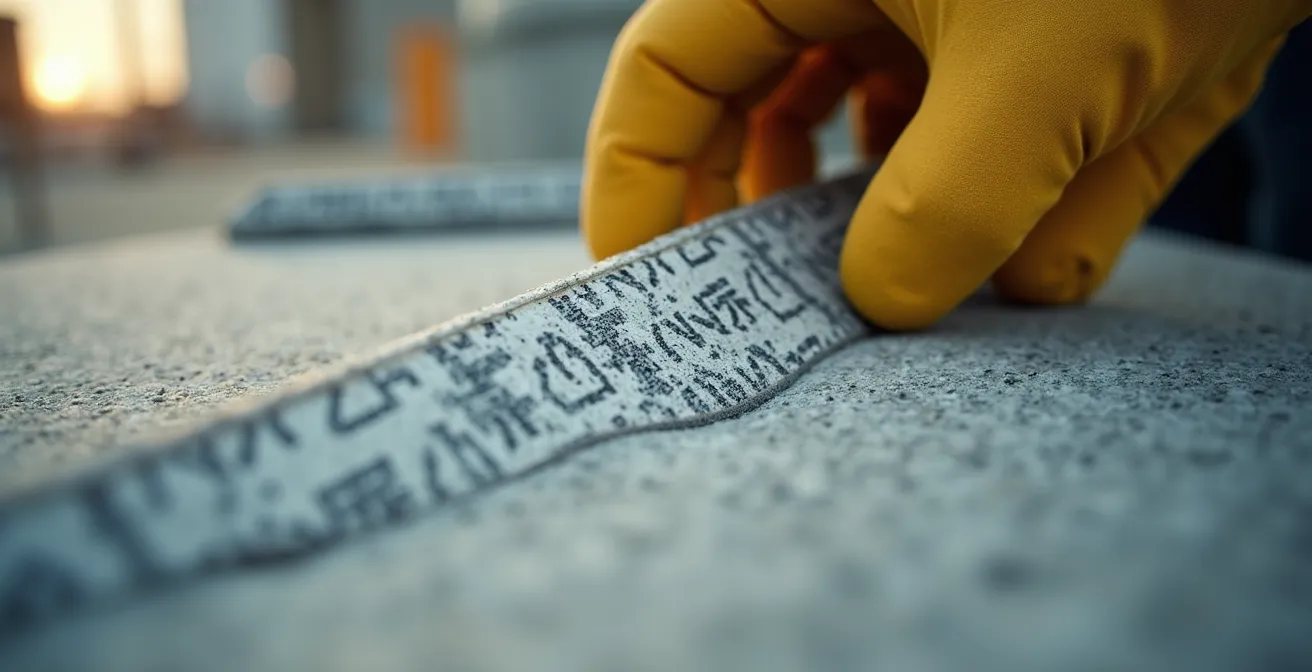 Nahaufnahme einer Hand mit Handschuh, die ein Dämmstoff-Etikett mit technischen Kennzeichnungen untersucht