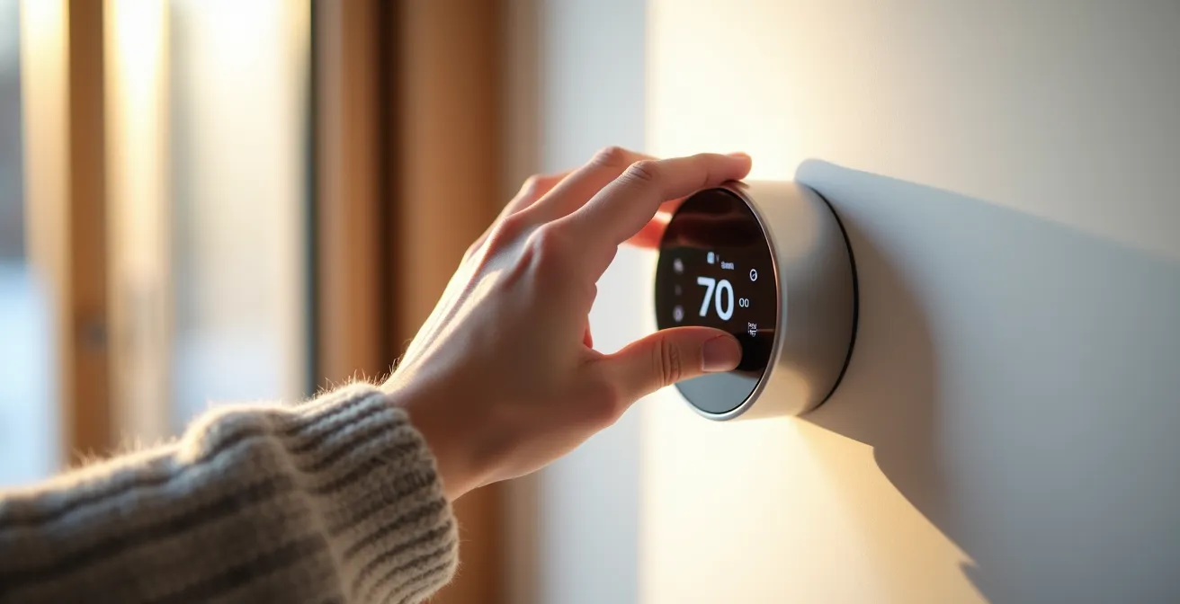 Moderne Heizungssteuerung mit digitalem Display in minimalistischem Wohnraum