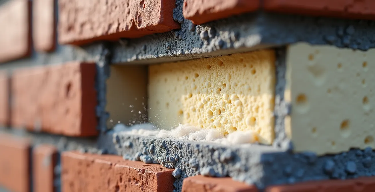 Querschnitt eines zweischaligen Mauerwerks mit Einblasdämmung in einer norddeutschen Klinkerfassade