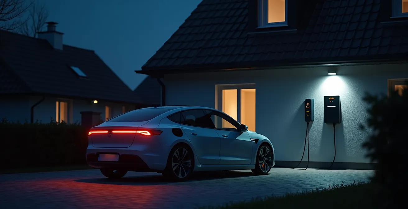 Elektrofahrzeug verbunden mit Hausenergiesystem bei Nacht, das die Energieunabhängigkeit symbolisiert.