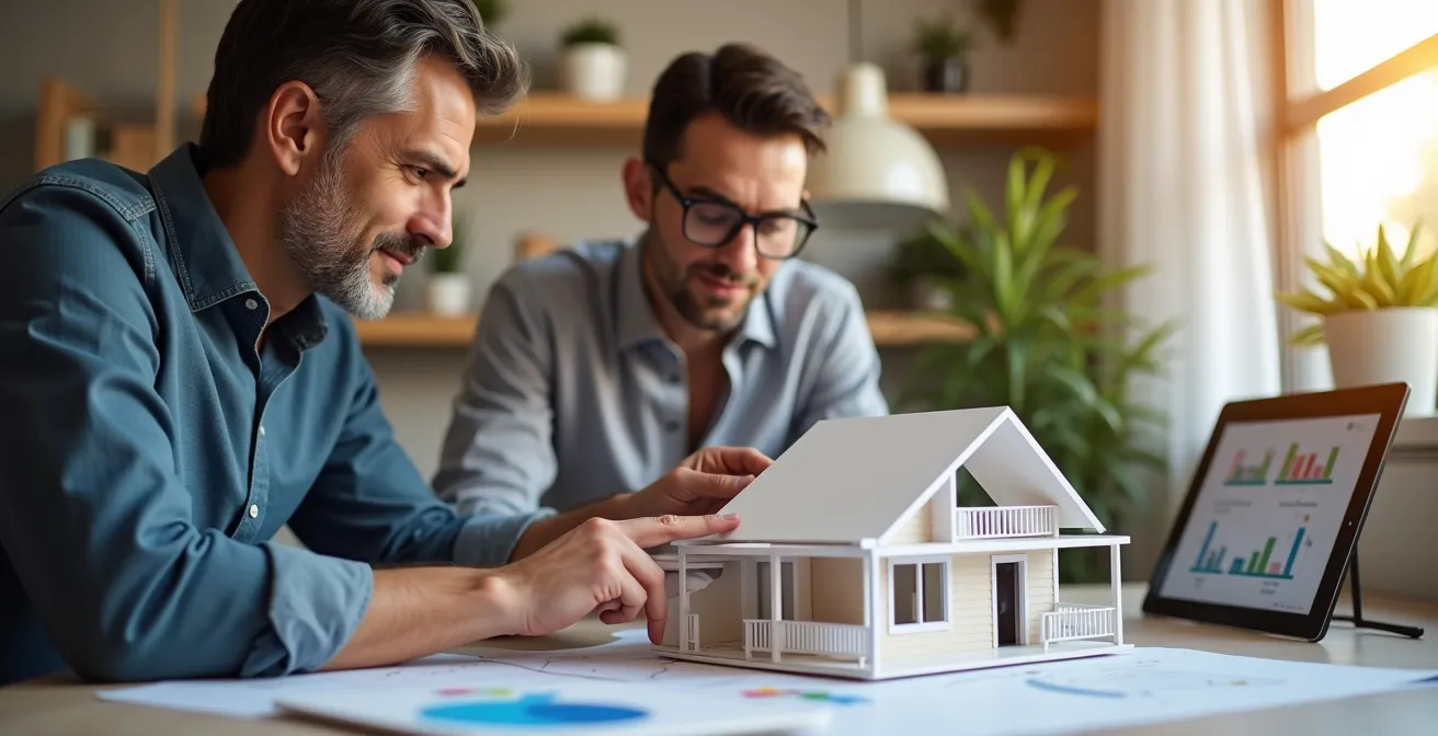 Energieexperte erklärt Hausbesitzer Sanierungskonzept mit Gebäudemodell
