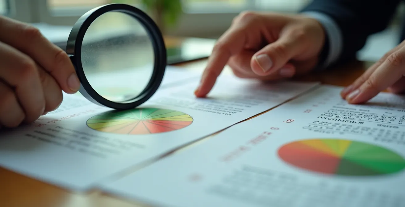 Nahaufnahme einer Hand mit Lupe bei der Prüfung eines Energieausweises