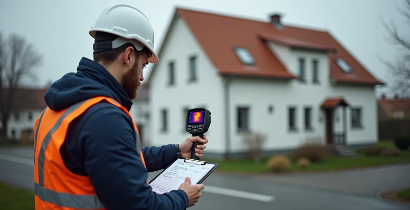 Zertifizierter Energieberater bei der Gebäudeaufnahme mit Messgeräten