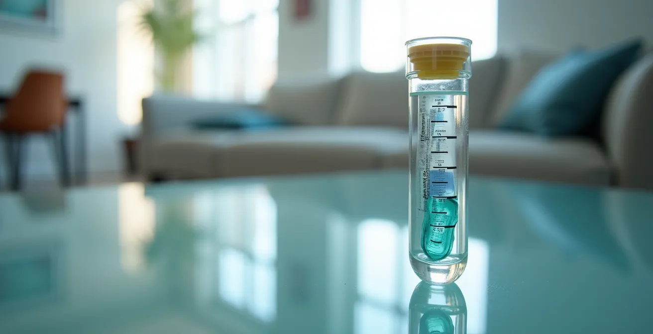 Makroaufnahme eines Formaldehyd-Testkits mit Sammlerröhrchen in einem deutschen Wohnzimmer