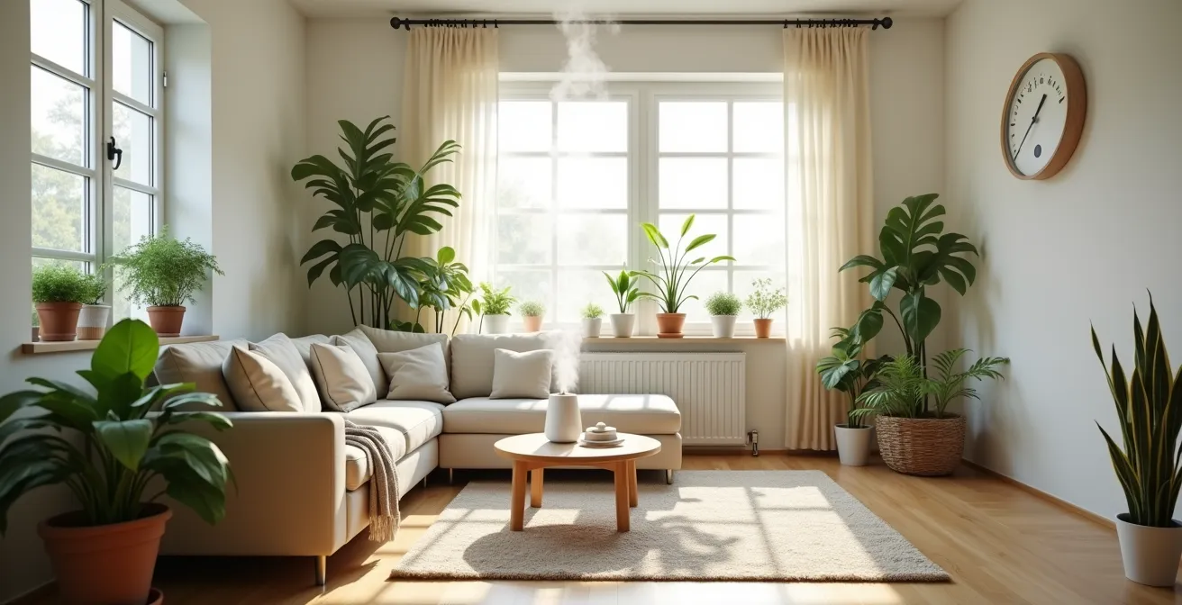 Wohnzimmer mit Zimmerpflanzen und Luftbefeuchter für optimales Raumklima