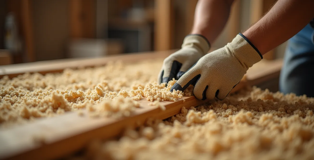 Detailaufnahme von Hanfdämmmatten zwischen deutschem Standardständerwerk mit perfekter Klemmwirkung