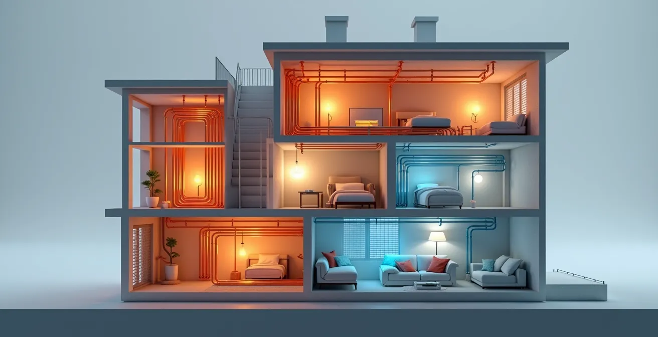 Vergleich der Heizwasserwege: Unausgeglichenes System mit heißem Keller und kaltem Dachgeschoss versus optimal abgeglichenes System