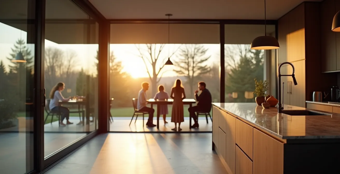 Moderne Küche mit raumhohen Glasschiebetüren für flexible Raumtrennung