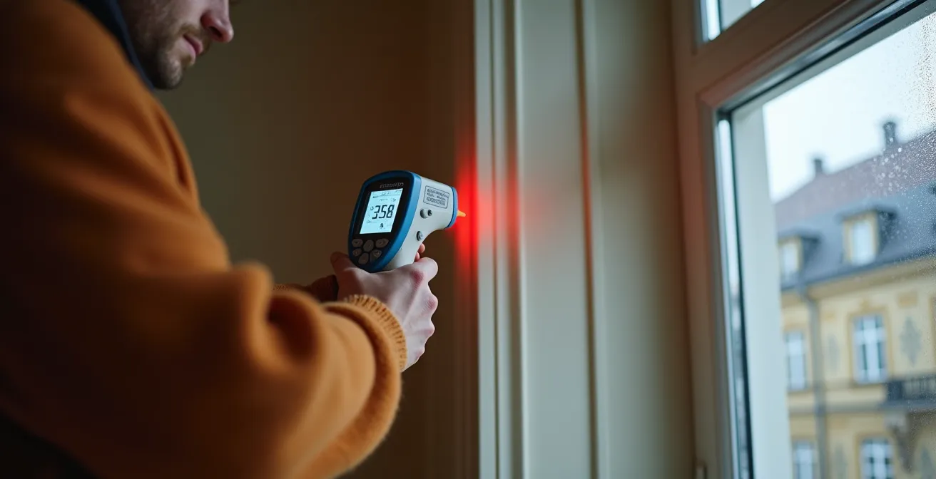 Person misst mit Infrarot-Thermometer die Wandtemperatur in einer Altbauwohnung