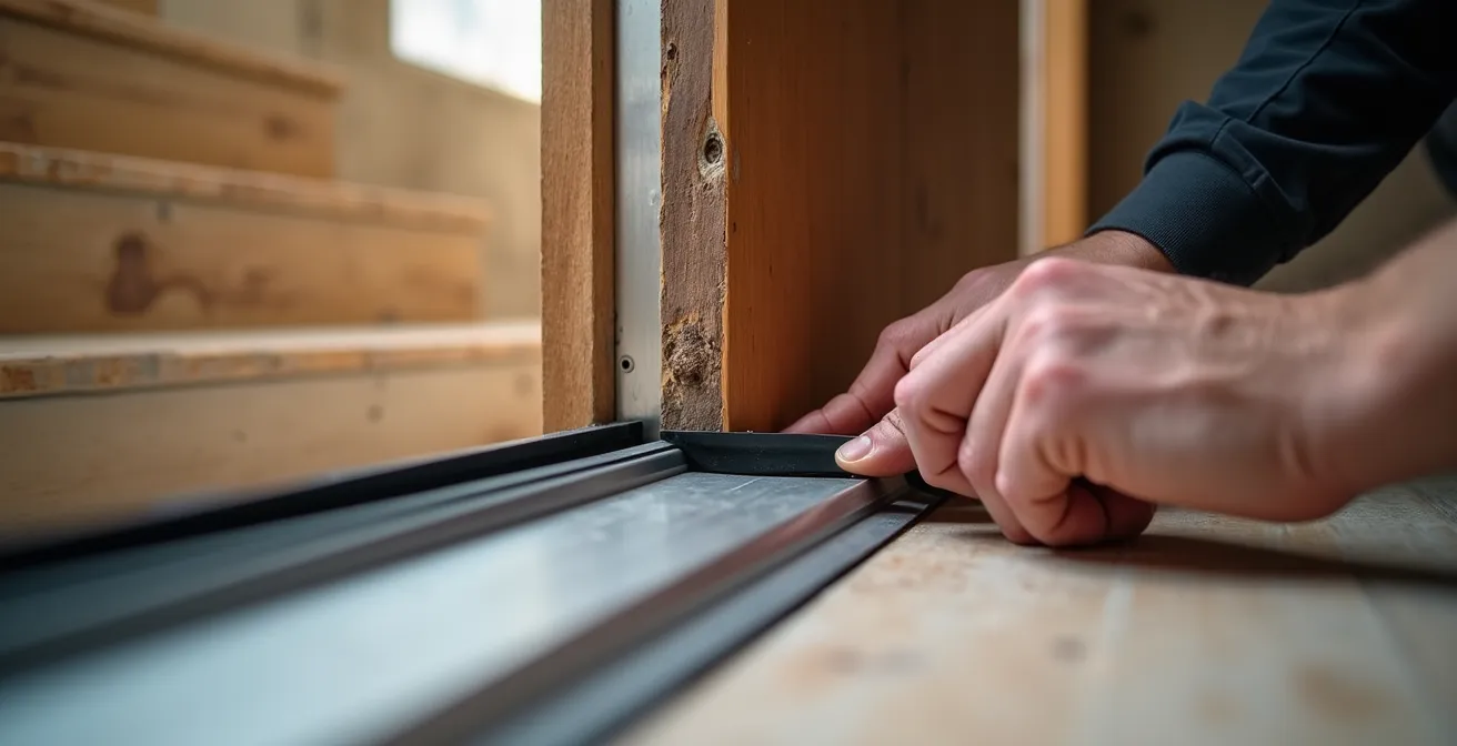 Detailaufnahme einer Kellertürabdichtung mit Bürstendichtung und Gummiprofil