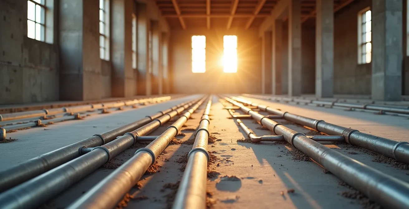 Weitwinkelaufnahme eines Rohbaus mit sichtbaren Rohrleitungen auf der Betondecke vor dem Estricheinbau