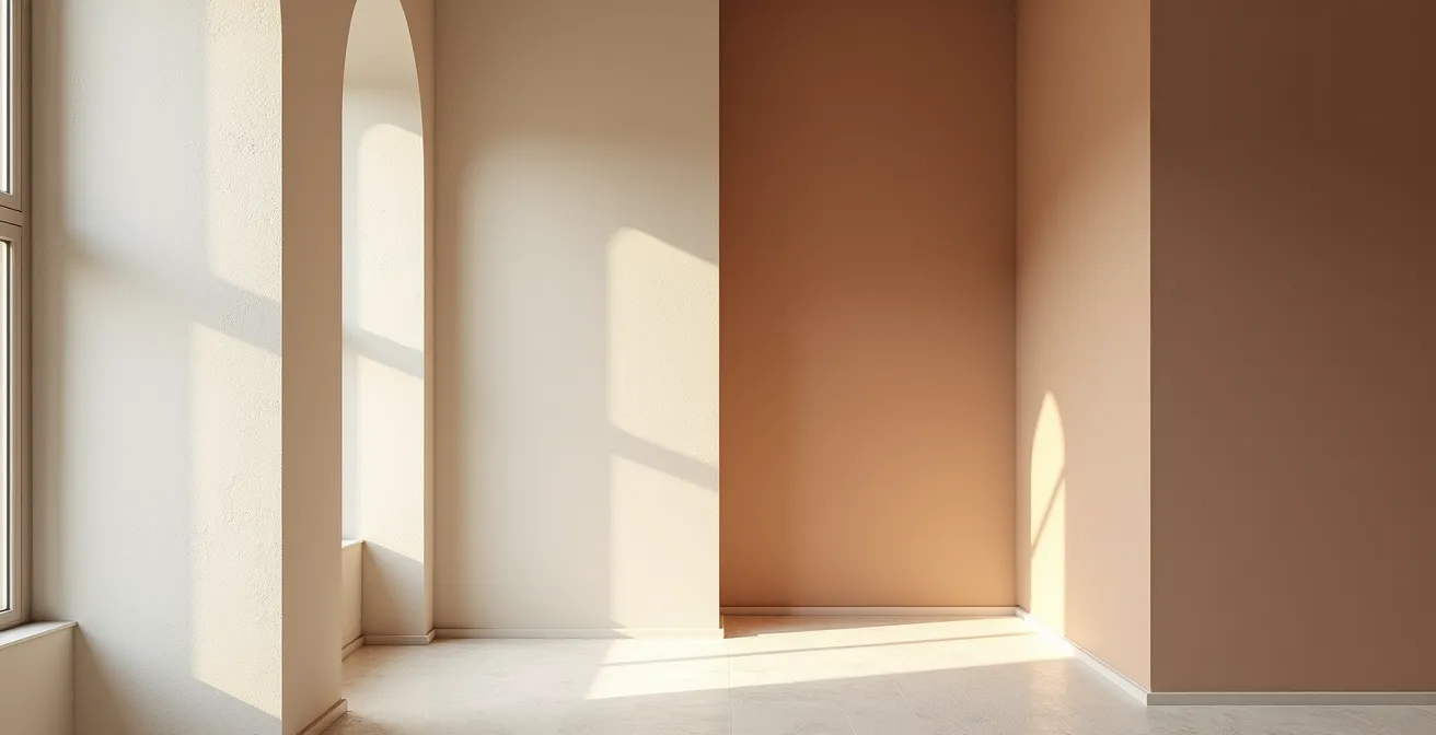 Makroaufnahme von Lehmputzoberfläche mit verschiedenen Anstrichsystemen im Querschnitt