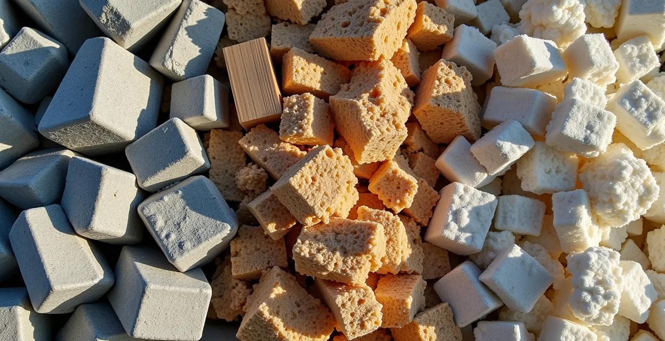 Sortierte Baumaterialien in verschiedenen Containern auf einer Baustelle