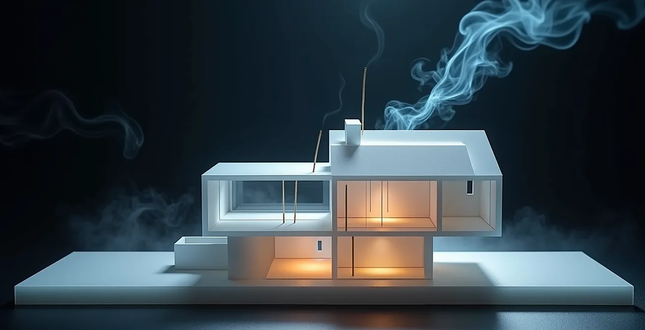 Schematische Darstellung der Luftströme durch ein Gebäude bei verschiedenen n50-Werten