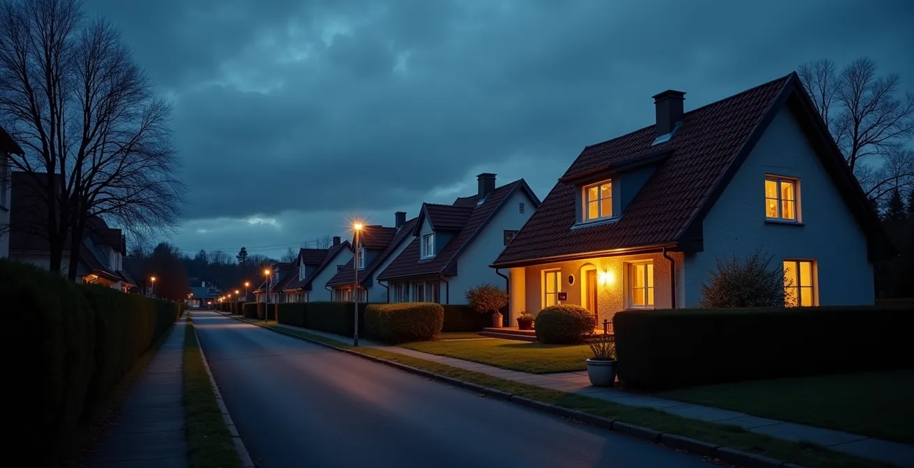 Haus mit Notstromversorgung durch Batteriespeicher während Stromausfall