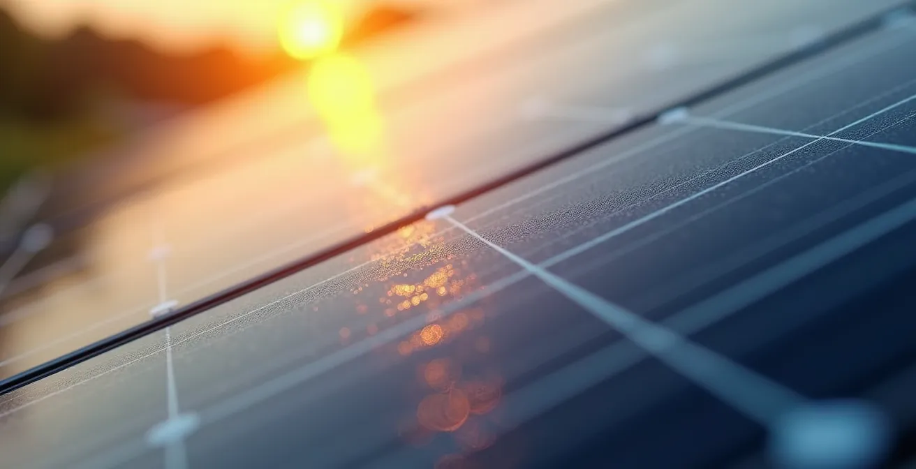 Makroaufnahme von Solarzellen mit unterschiedlicher Lichtreflexion morgens und abends