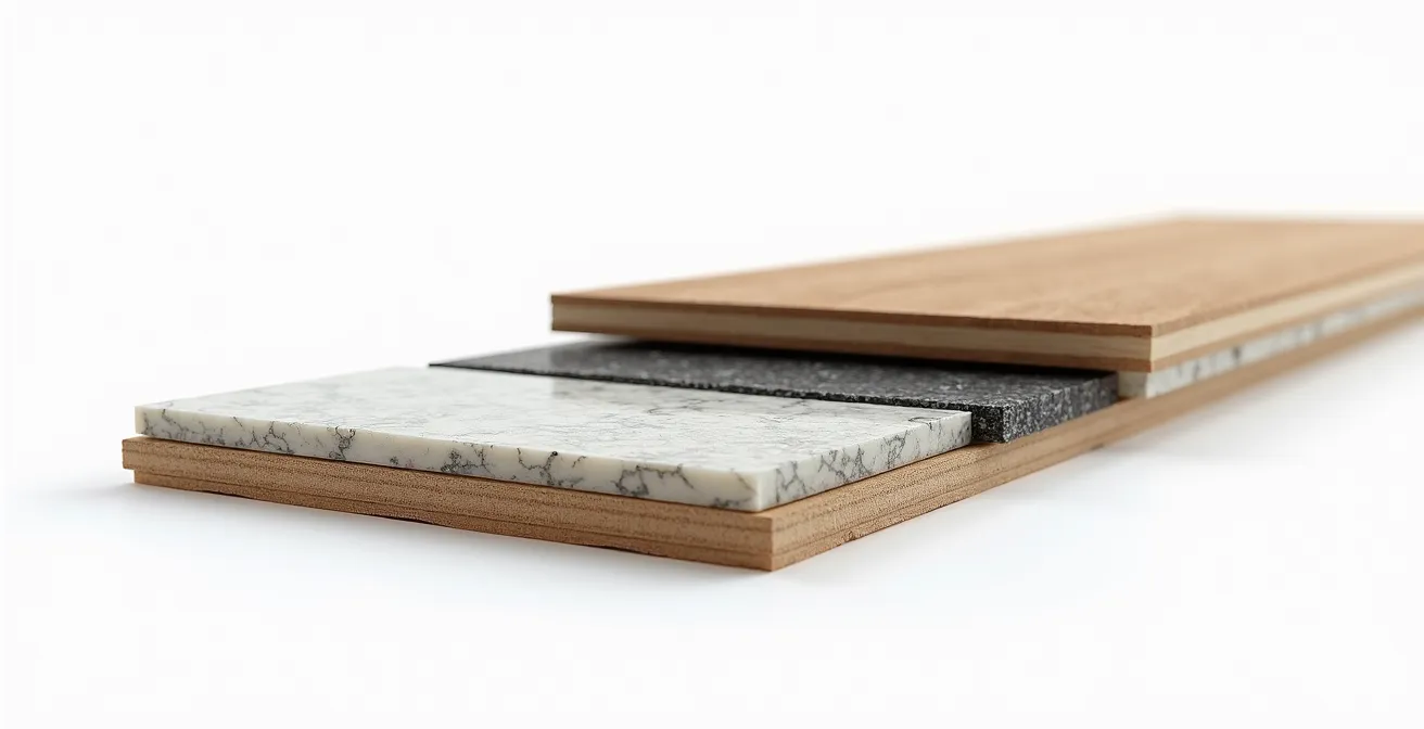 Querschnitt durch einen Parkettboden mit verschiedenen Schichten und Versiegelungsmaterial