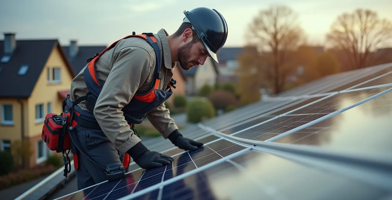 Installateur bei der Montage von Photovoltaikmodulen auf deutschem Hausdach
