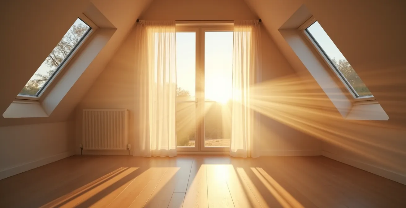 Schematische Darstellung der optimalen Querlüftung im Dachgeschoss mit Kamineffekt