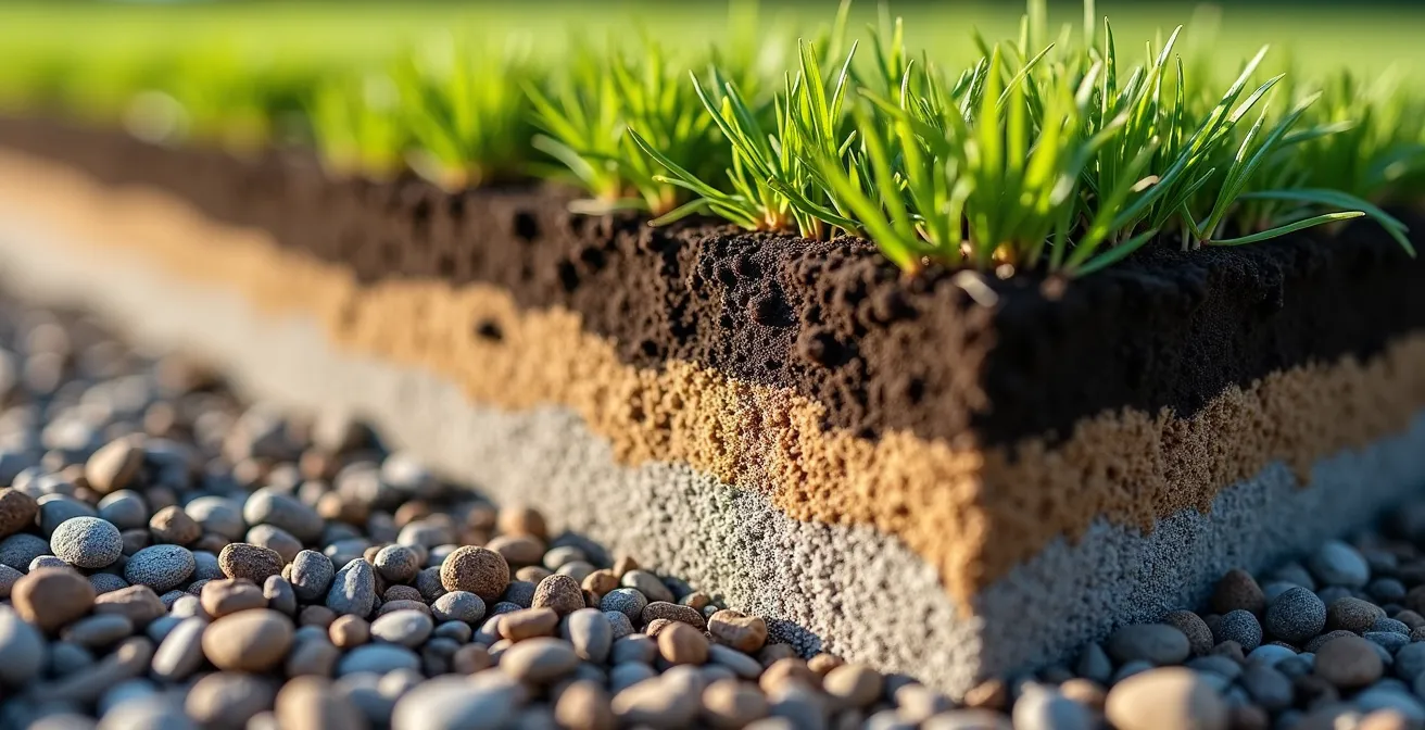 Detaillierter Schichtaufbau für Rasengittersteine mit Tragschicht und Bettung