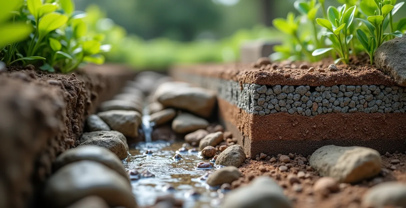 Querschnitt einer Rigole im Garten mit Kiesschichten und Versickerungsrohren