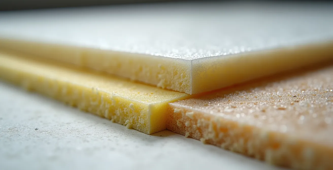 Querschnitt einer nachträglichen Rollladenkastendämmung mit verschiedenen Dämmschichten