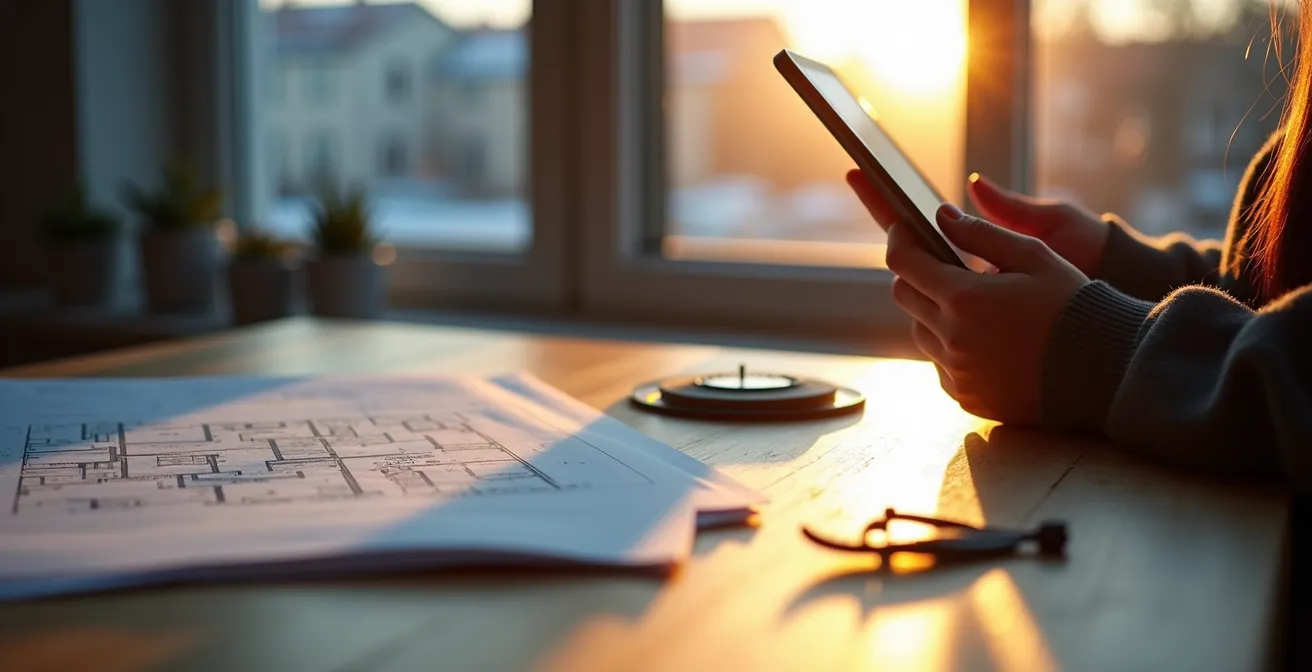 Digitale Sonnenverlaufssimulation auf einem Tablet zeigt Schattenwurf im Winter