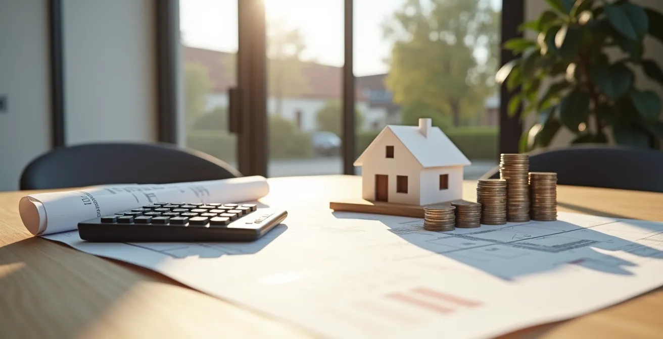 Visualisierung der steuerlichen Förderung von Sanierungsmaßnahmen mit Taschenrechner und Hausmodell.