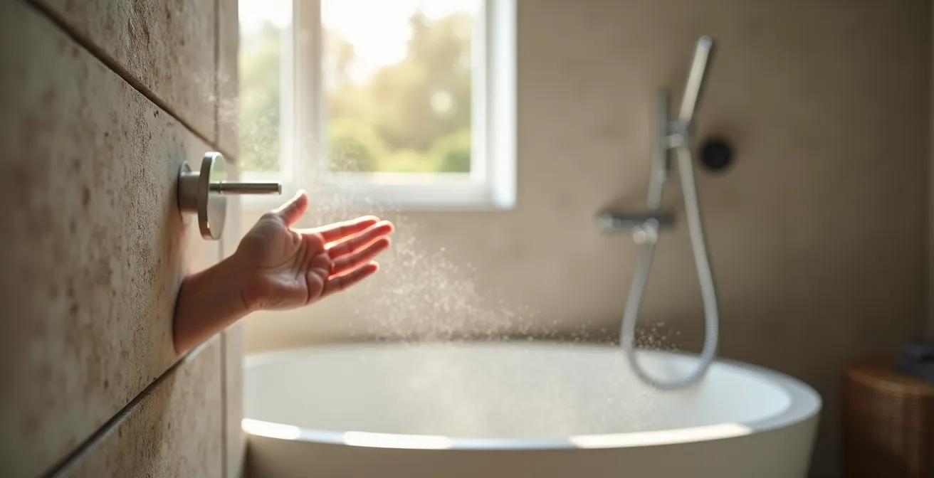 Badezimmer mit Sumpfkalkwänden, die Wasserdampf nach dem Duschen aufnehmen