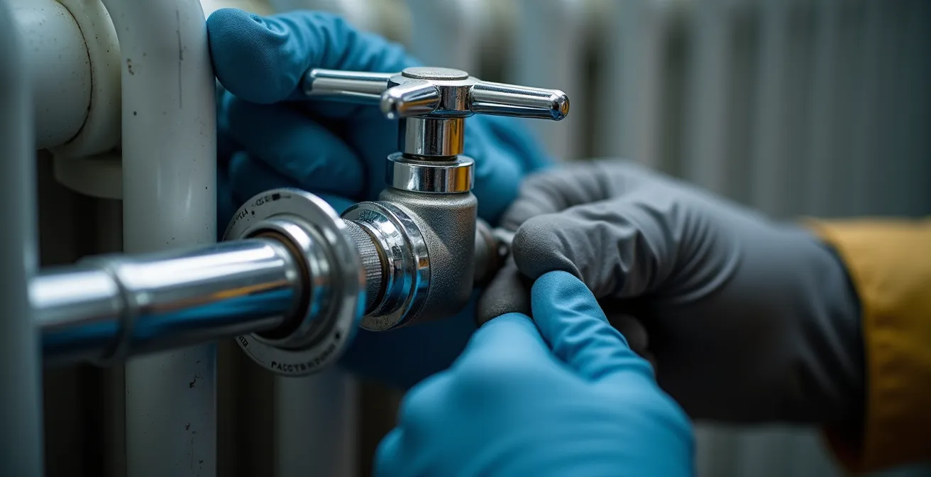 Detailaufnahme eines voreinstellbaren Thermostatventils während der Feineinstellung beim hydraulischen Abgleich