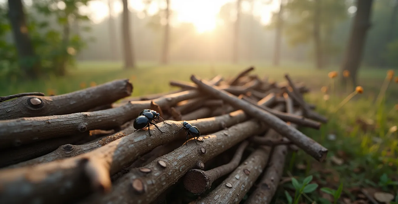 Eine natürliche Benjeshecke aus gestapelten Ästen mit verschiedenen Insekten und kleinen Tieren