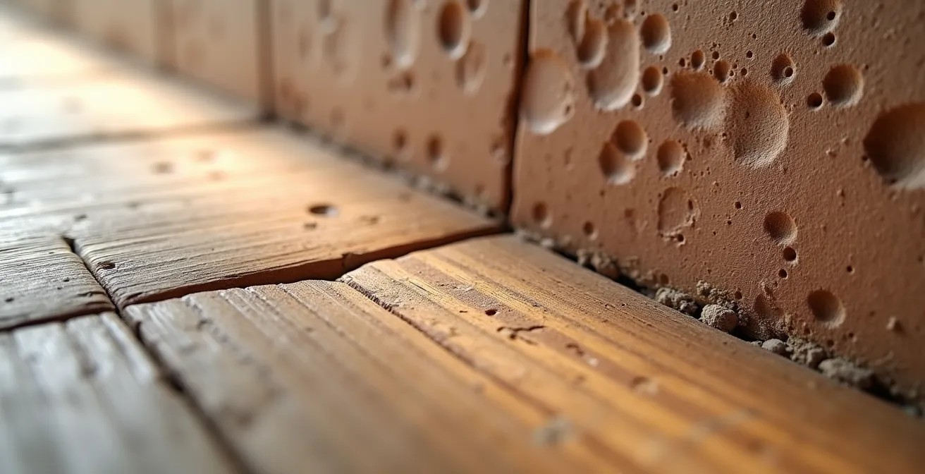 Detailaufnahme von unbehandeltem Holzboden neben Lehmwand mit sichtbarer Textur