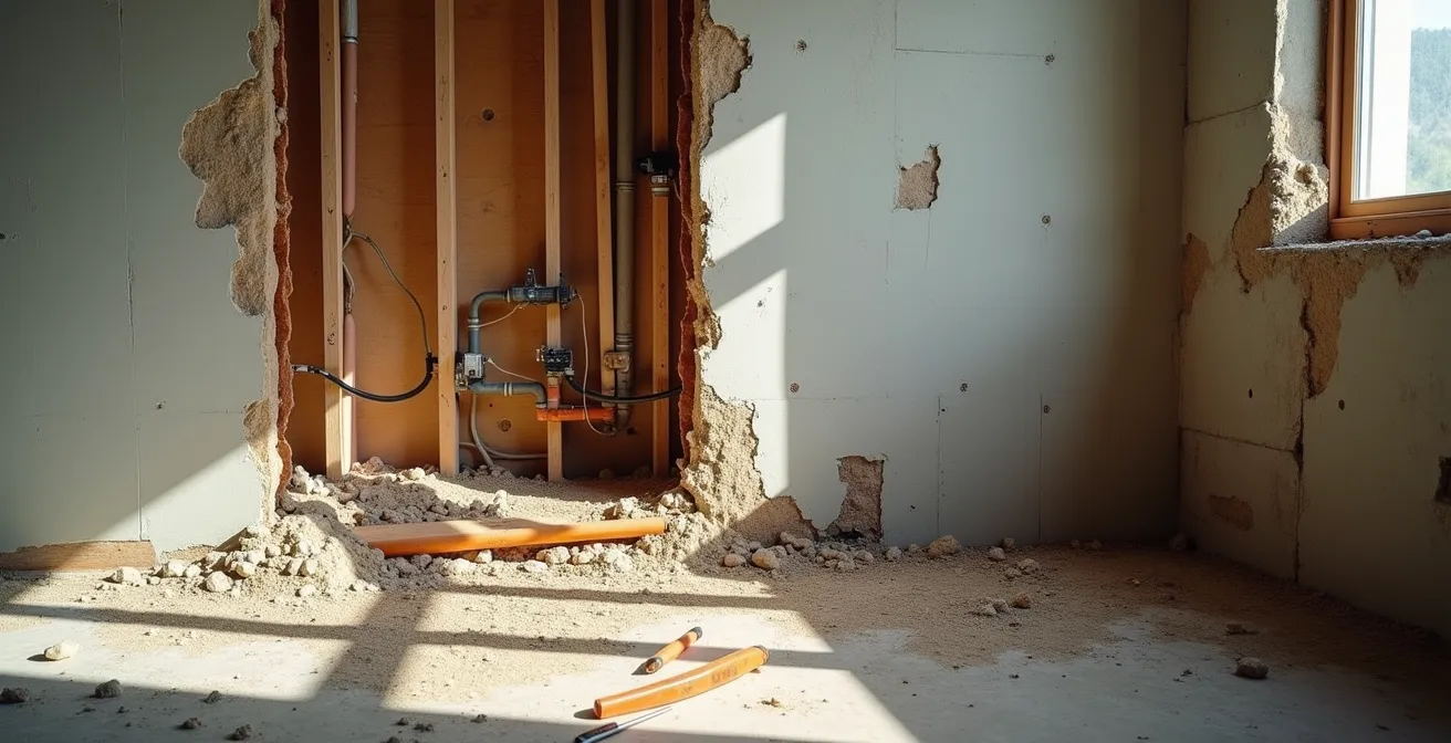 Aufgebrochene Wand zeigt versteckte Installations- und Elektrikkosten