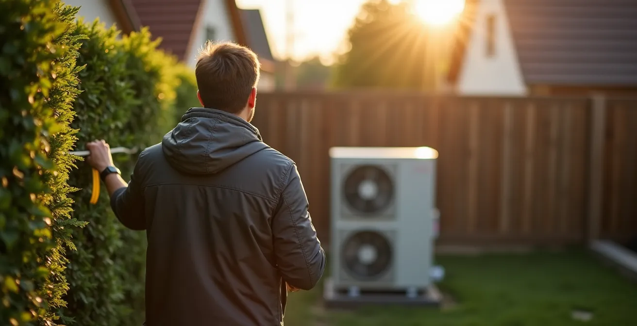 Außeneinheit einer Wärmepumpe im Garten, strategisch hinter einer Hecke als natürlichem Schallschutz platziert.