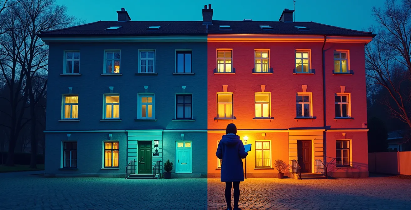 Thermografieaufnahme einer ungedämmten Altbaufassade zeigt Wärmeverluste in verschiedenen Farben