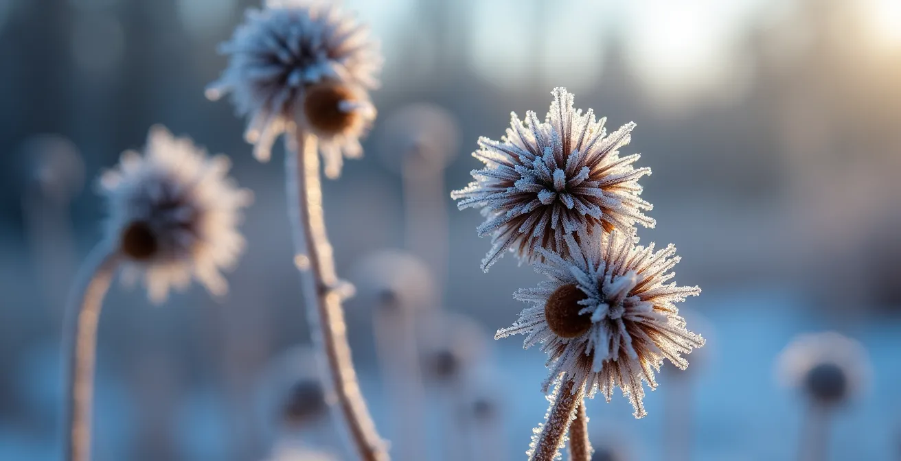 Mit Raureif überzogene Staudenstängel im Wintergarten bieten Struktur und Insektenschutz