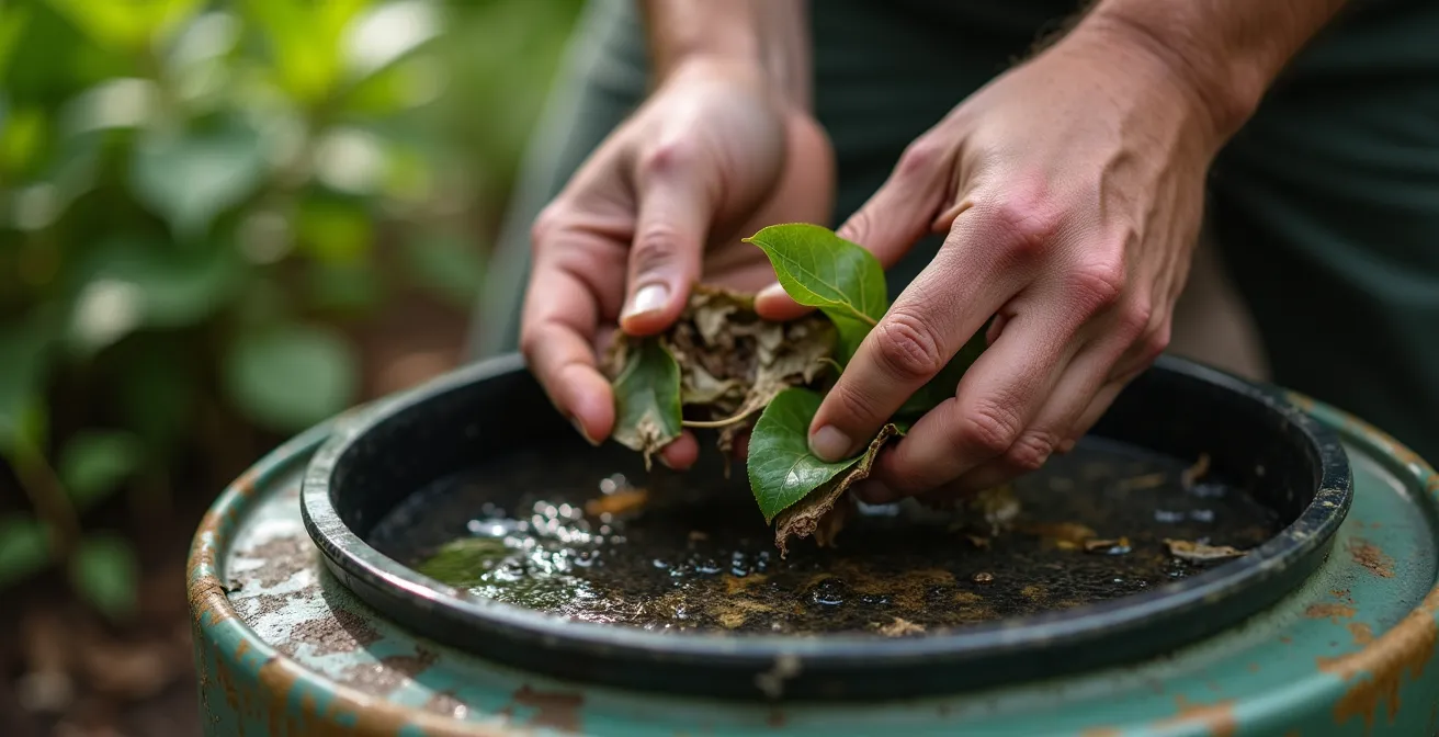 Hände reinigen einen Zisternenfilter mit sichtbaren Verschmutzungen